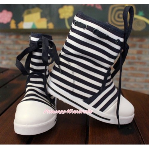 Black White Striped Canvas Sneakers Shoes Laces Mid Calf Children Boot C-6Black 